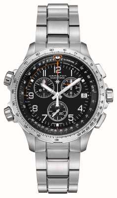 Hamilton Kaki luchtvaart x-wind gmt chronograaf quartz (46 mm) zwarte wijzerplaat / roestvrijstalen armband H77912135