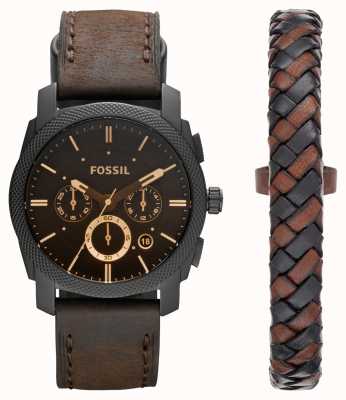 Fossil Cadeauset voor heren | zwarte chronograaf wijzerplaat | bruine leren band | leren armband FS5251SET