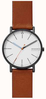 Skagen Signatur bruine leren band voor heren, witte wijzerplaat SKW6374