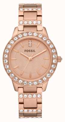 Fossil Dames | rosé gouden wijzerplaat | kristallen set | rosé gouden roestvrijstalen armband ES3020