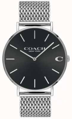 Coach Charles zilveren mesh-armband voor heren, zwarte wijzerplaat 14602144