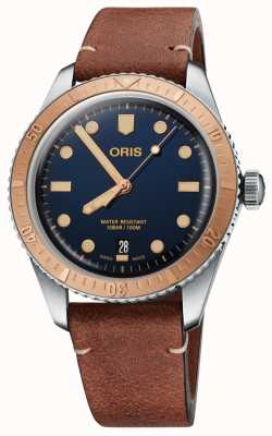 ORIS Divers vijfenzestig automatische (40 mm) blauwe wijzerplaat / bruin lederen band 01 733 7707 4355-07 5 20 45