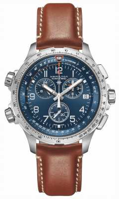 Hamilton Kaki luchtvaart x-wind gmt chronograaf quartz (46 mm) blauwe wijzerplaat / bruin lederen band H77922541