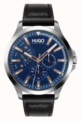 HUGO Heren #leap | blauwe wijzerplaat | roségouden accent | horloge met zwarte leren band 1530172
