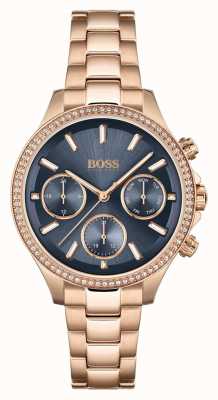 BOSS Hera voor dames | roségouden stalen armband | blauwe wijzerplaat 1502566