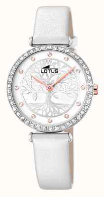 Lotus Witte leren damesband | wit / zilverkleurige wijzerplaat L18707/1