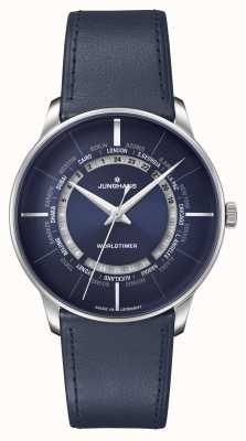 Junghans Meister | worldtimer saffierglas | blauwe leren band | blauwe wijzerplaat 27/3010.02