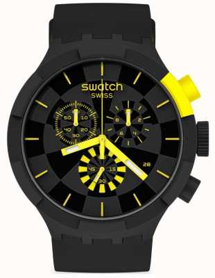 Swatch Checkpoint geel | grote gewaagde chrono | zwart / gele siliconen band | zwarte wijzerplaat SB02B403