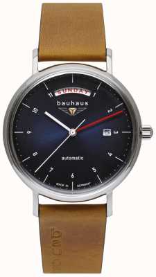 Bauhaus Bruin Italiaans leren herenband | blauwe wijzerplaat | automatisch | dag datum 2162-3