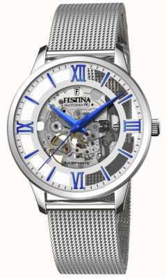 Festina Automatisch skelet voor heren | stalen mesh armband | zilver / blauwe wijzerplaat F20534/1