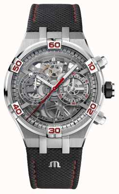 Maurice Lacroix Aikon automatische mahindra racing speciale editie chronograaf (44 mm) skelet wijzerplaat / zwart leer AI6098-SS001-091-2