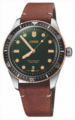 ORIS Divers vijfenzestig automatische (40 mm) groene wijzerplaat / bruin lederen band 01 733 7707 4357-07 5 20 45