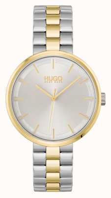 HUGO #verliefdheid | zilveren wijzerplaat | tweekleurige stalen armband 1540101
