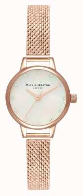 Olivia Burton Mini witte parelmoer wijzerplaat, fonkelende markeringen en roségouden bouclé mesh OB16MN05