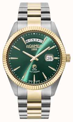 Roamer Primeline dag-datum groene wijzerplaat met geelgouden tweekleurige armband 981662 48 75 90