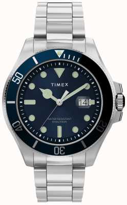Timex Harborside Coast 43 mm zilverkleurige kast blauwe wijzerplaat blauwe tr roestvrijstalen armband TW2U41900
