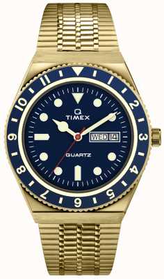Timex Q diver geïnspireerde goudkleurige kast blauwe wijzerplaat goudkleurige band TW2U62000