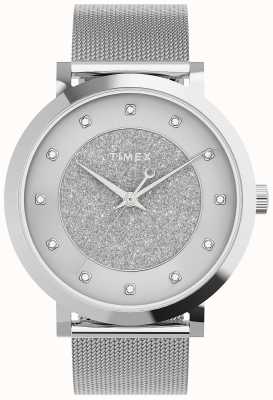 Timex Hemelse weelde voor dames 38 mm zilverkleurige kast / zilverkleurige glitter wijzerplaat met kristallen TW2U67000