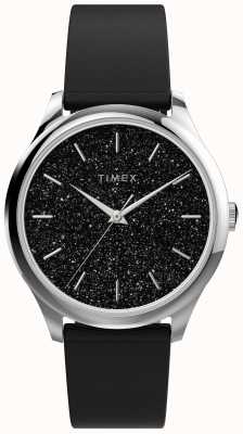 Timex Zilverkleurige kast met zwarte glitter wijzerplaat en zwarte band TW2V01100