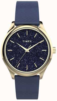 Timex Hemelse, weelderige goudkleurige kast met marineblauwe glitterwijzerplaat en marineblauwe band TW2V01200