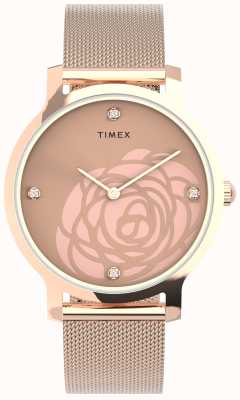 Timex Wms transcend roségoudkleurige kast met bloemenuitsparing en mesh-armband TW2U98100