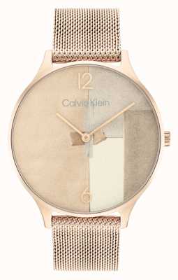 Calvin Klein 2 uur patchwork wijzerplaat | rosé gouden stalen mesh armband 25200006