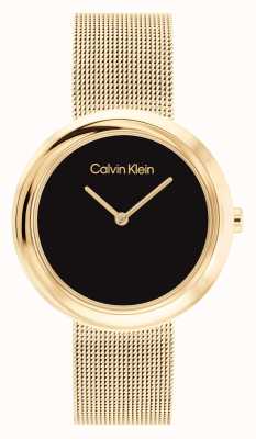 Calvin Klein Dames zwarte wijzerplaat | gouden roestvrijstalen mesh armband 25200012