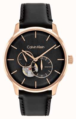 Calvin Klein Automatisch zwart en roségouden horloge voor heren, leren band 25200074