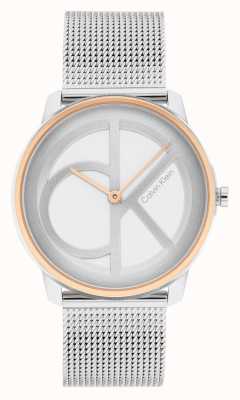 Calvin Klein Zilveren ck wijzerplaat | rosé gouden ring | stalen mesh armband 25200033