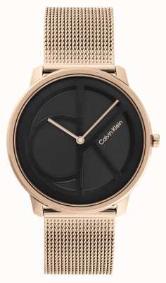 Calvin Klein Zwarte ck-wijzerplaat | rosé gouden stalen mesh armband 25200029
