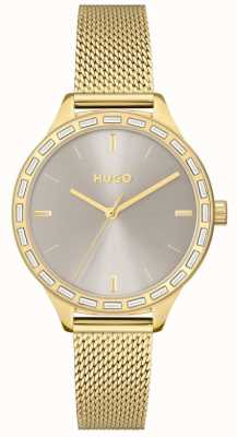 HUGO Dames #flits | grijze wijzerplaat | gouden mesh armband 1540116