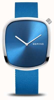 Bering Kiezel | gepolijst zilver | blauwe wijzerplaat | gerecyclede blauwe band 18040-308
