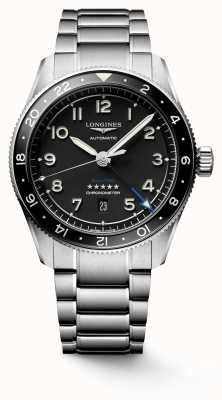 LONGINES Spirit zulu time gmt 42 mm roestvrijstalen armband met zwarte wijzerplaat L38124536