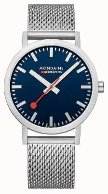 Mondaine Klassiek stalen mesh-horloge met een blauwe wijzerplaat van 40 mm A660.30360.40SBJ