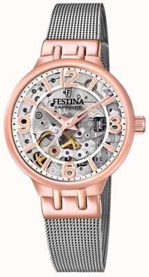 Festina Dames roségoudkleurig skelet automatisch horloge met mesh armband F20581/1