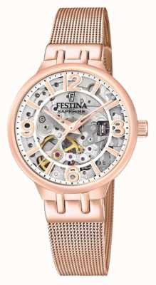Festina Dames roségoudkleurig skelet automatisch horloge met mesh armband F20581/2
