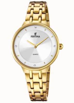 Festina Dames goudkleurig horloge met cz set en stalen armband F20601/1