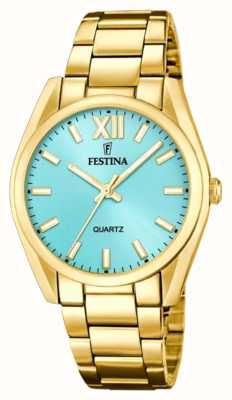 Festina dames goudkleurig horloge blauwe sunray wijzerplaat F20640/2