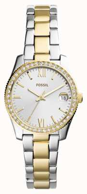 Fossil Dames | zilveren wijzerplaat | kristallen set | tweekleurige armband ES4319