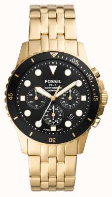 Fossil Heren fb-01 chronograaf | zwarte wijzerplaat | gouden roestvrijstalen armband FS5836