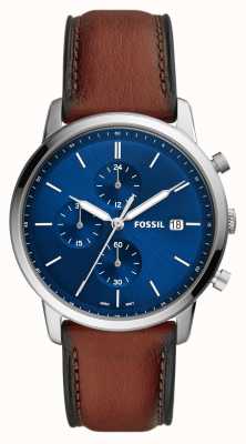 Fossil Heren minimalistisch | blauwe chronograaf wijzerplaat | bruine leren band FS5850
