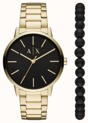 Armani Exchange Herenhorloge en armband cadeauset | gouden roestvrijstalen horloge | armband met zwarte kralen AX7119
