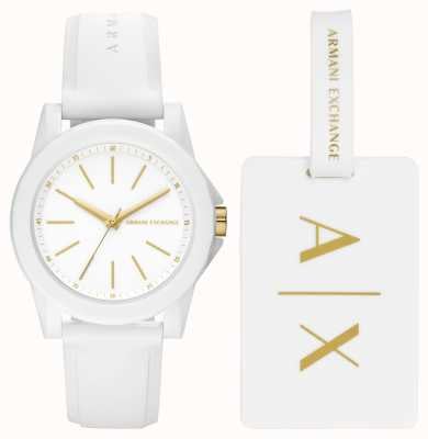 Armani Exchange Dames | horloge en bagagelabel cadeauset | witte siliconen band AX7126
