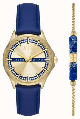 Armani Exchange Dames | horloge en armband cadeauset | blauwe leren band AX7135SET