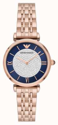 Emporio Armani Dames | blauwe kristallen wijzerplaat | rosé gouden roestvrijstalen armband AR11423