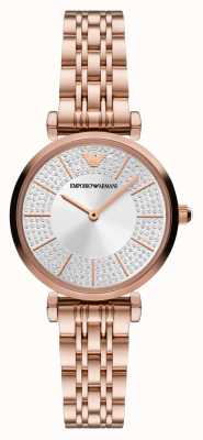 Emporio Armani Dames | wijzerplaat met zilveren kristallen | rosé gouden roestvrijstalen armband AR11446