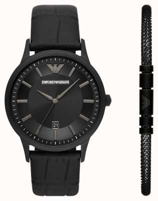 Emporio Armani Heren | horloge en armband cadeauset | zwarte leren band AR80057
