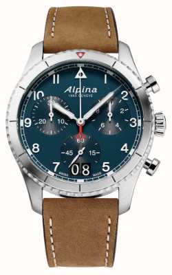 Alpina Startimer pilot chronograaf big date (41mm) blauwe wijzerplaat / bruin leer AL-372NW4S26