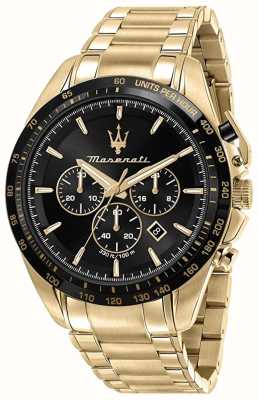 Maserati Traguardo heren | zwarte chronograaf wijzerplaat | gouden roestvrijstalen armband R8873612041
