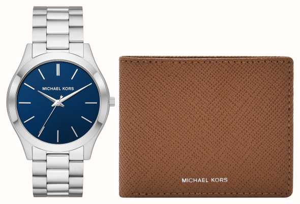 Michael Kors Slanke runway blauwe wijzerplaat stalen horloge bijpassende portemonnee MK1060SET